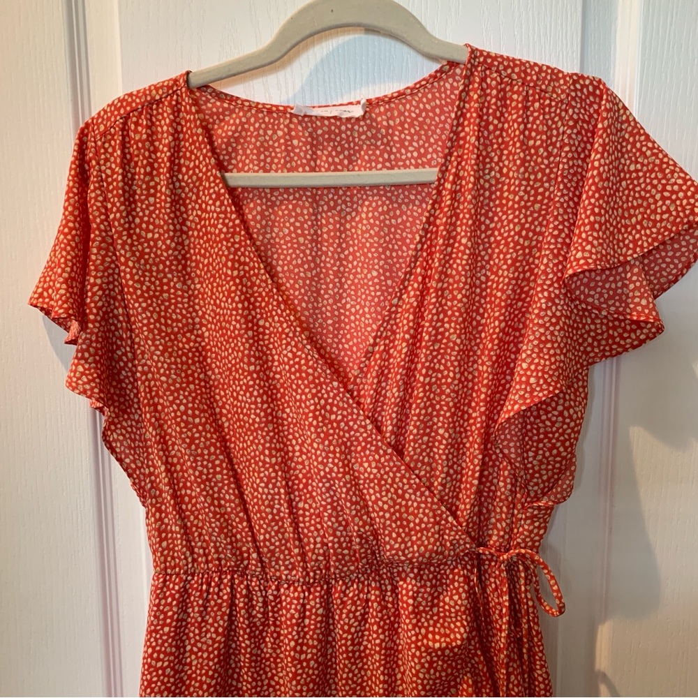 ALL IN FAVOR Cross Over Tie Front Ruffle Midi Patterned Sundress Orange Medium - Picture 4 of 13